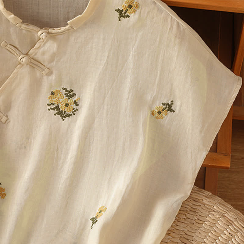 Buddha Stones Summer Casual Tang Style Mandarin Collar Embroidery Floral Tank Top Women's Sleeveless Shirts