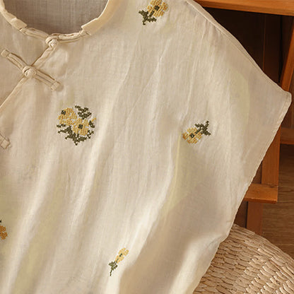 Buddha Stones Summer Casual Tang Style Mandarin Collar Embroidery Floral Tank Top Women's Sleeveless Shirts