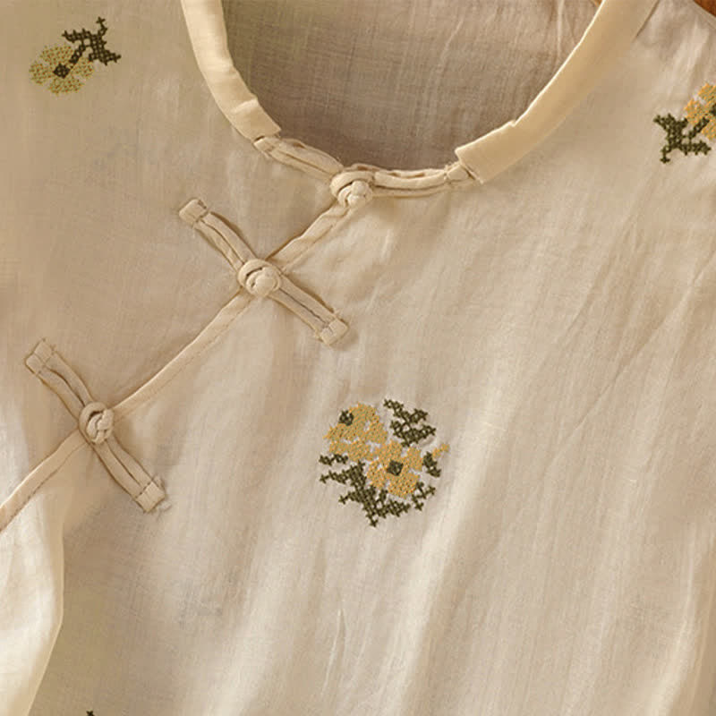 Buddha Stones Summer Casual Tang Style Mandarin Collar Embroidery Floral Tank Top Women's Sleeveless Shirts