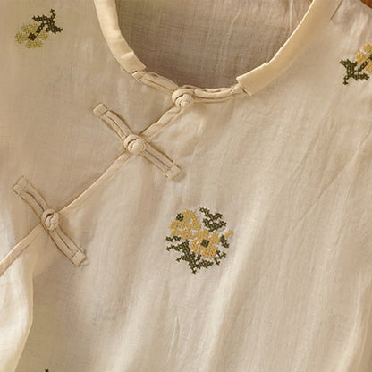 Buddha Stones Summer Casual Tang Style Mandarin Collar Embroidery Floral Tank Top Women's Sleeveless Shirts