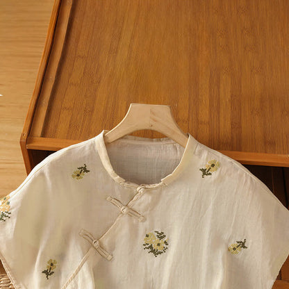 Buddha Stones Summer Casual Tang Style Mandarin Collar Embroidery Floral Tank Top Women's Sleeveless Shirts