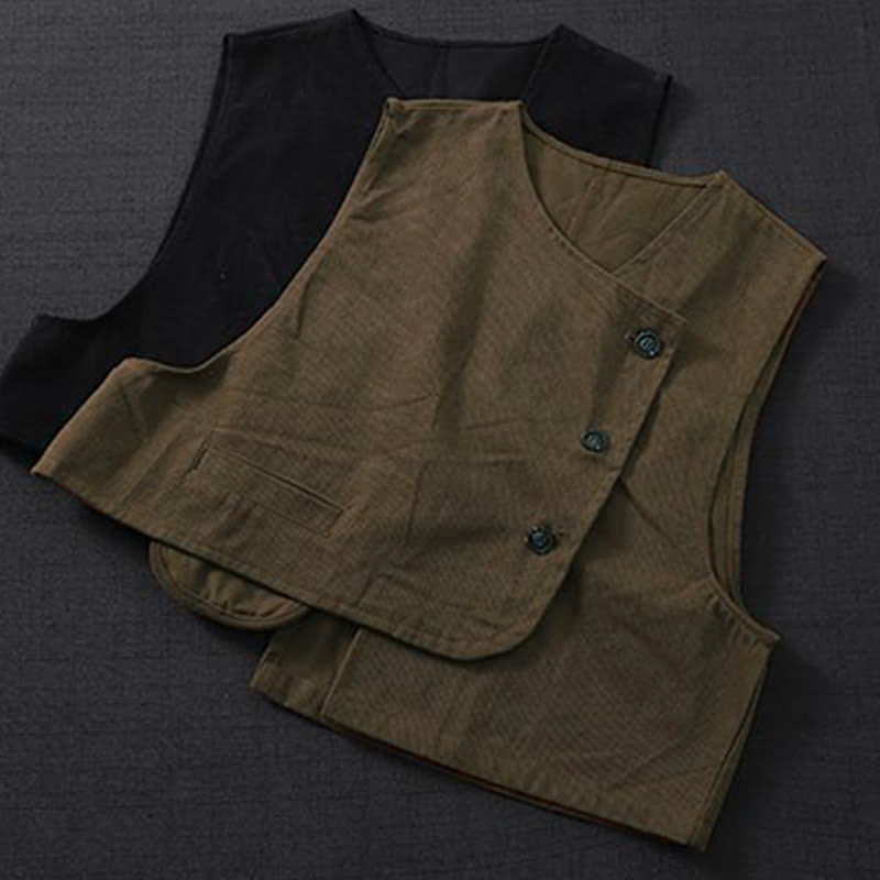 Buddha Stones Summer Tang Style Minimalist Button-Up Solid Tank Top Women's Sleeveless Shirts With Pocket