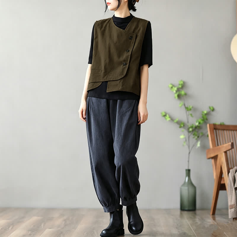 Buddha Stones Summer Tang Style Minimalist Button-Up Solid Tank Top Women's Sleeveless Shirts With Pocket
