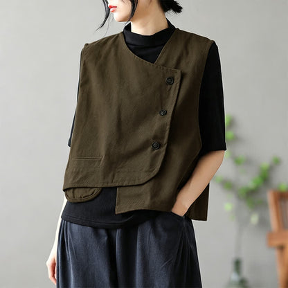 Buddha Stones Summer Tang Style Minimalist Button-Up Solid Tank Top Women's Sleeveless Shirts With Pocket