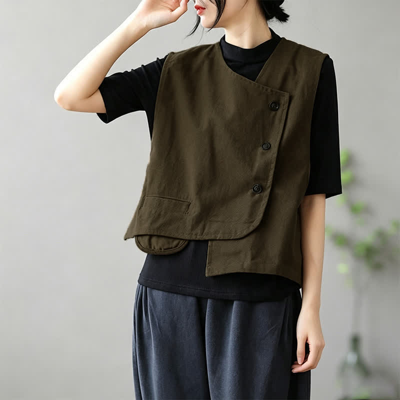 Buddha Stones Summer Tang Style Minimalist Button-Up Solid Tank Top Women's Sleeveless Shirts With Pocket
