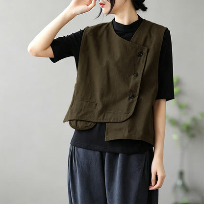 Buddha Stones Summer Tang Style Minimalist Button-Up Solid Tank Top Women's Sleeveless Shirts With Pocket