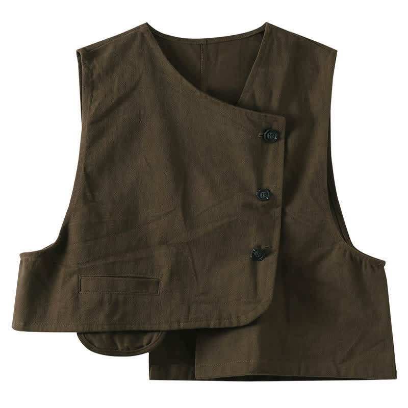 Buddha Stones Summer Tang Style Minimalist Button-Up Solid Tank Top Women's Sleeveless Shirts With Pocket