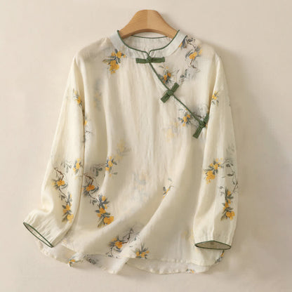 Buddha Stones Summer Tang Style Vintage Frog Button Orchid Floral Women's Sleeveless Shirts Tank Top