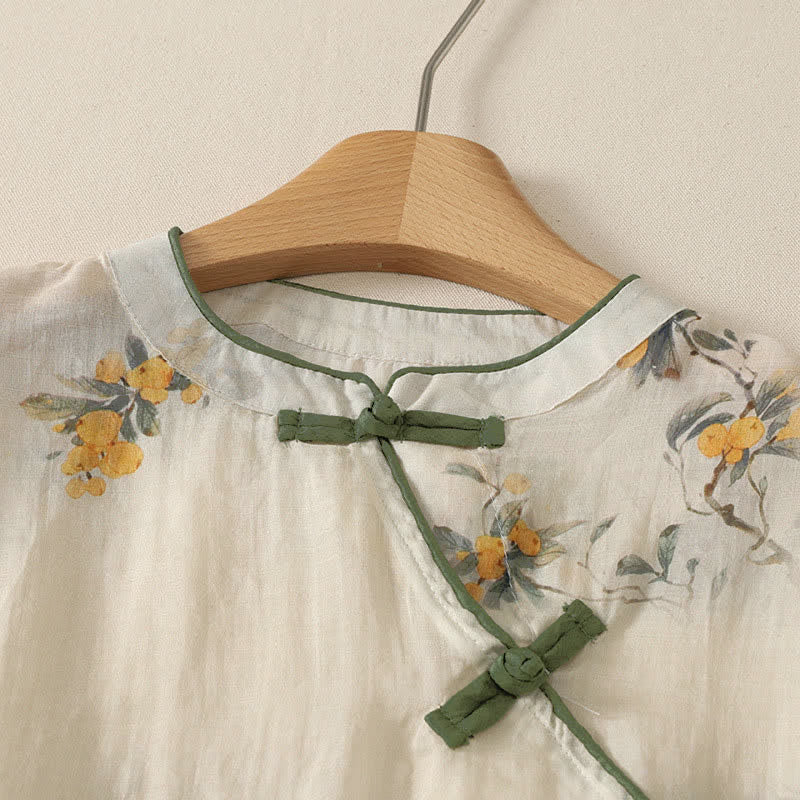 Buddha Stones Summer Tang Style Vintage Frog Button Orchid Floral Women's Sleeveless Shirts Tank Top